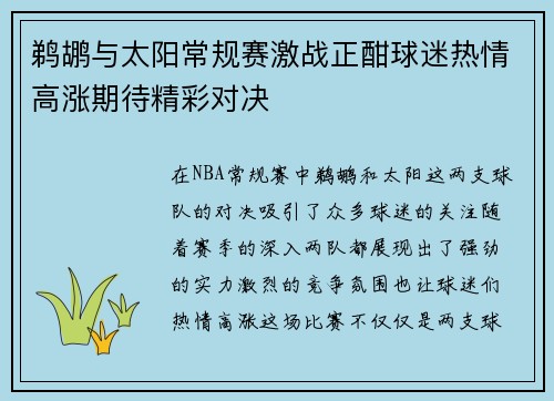 鹈鹕与太阳常规赛激战正酣球迷热情高涨期待精彩对决